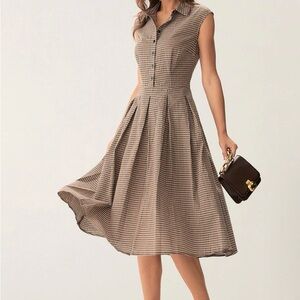 Elegant Tan Checkered Dress